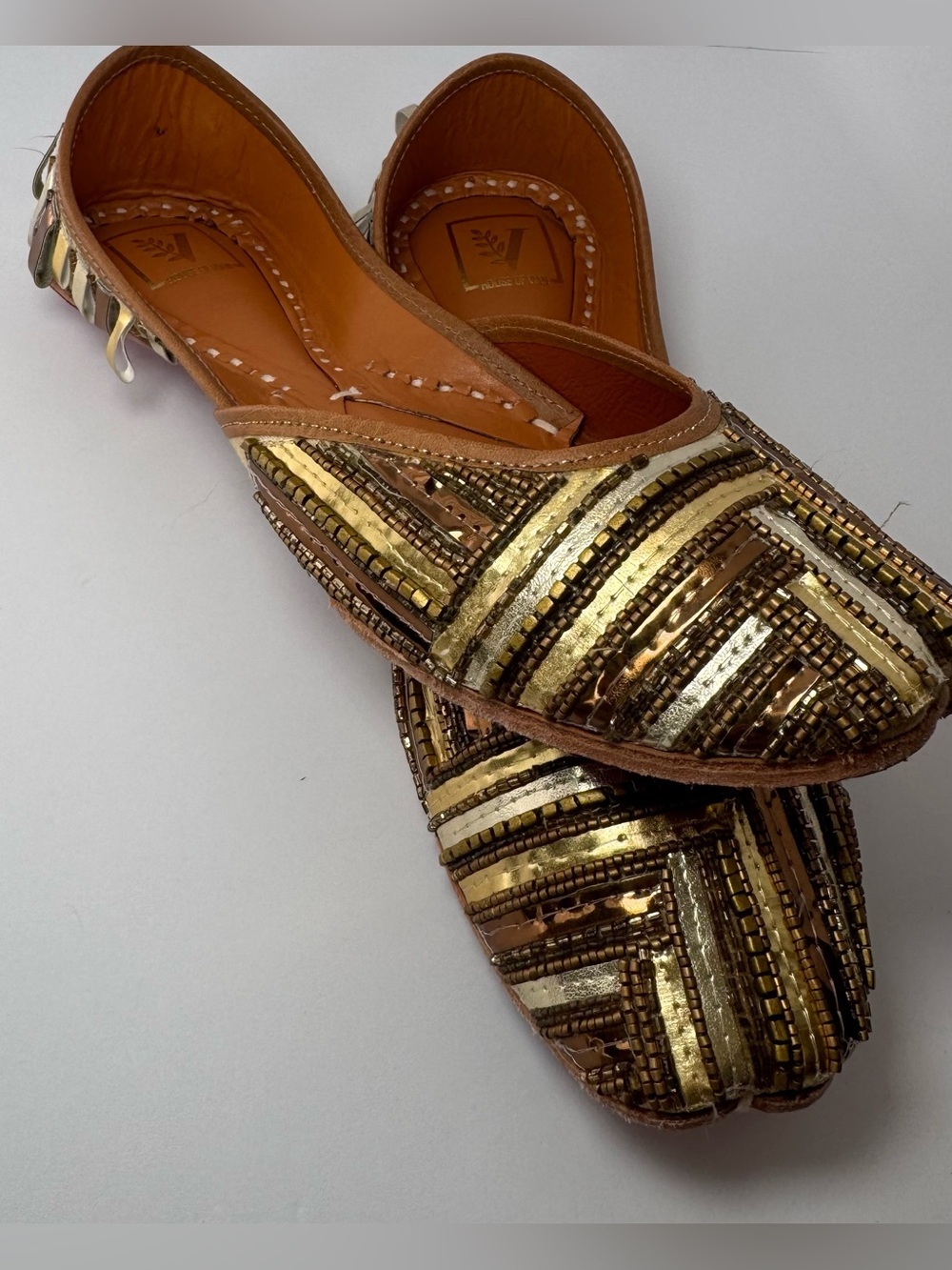 House of Vian Gold Embellished Leather Jutti Size 39 / US 9 Khussa